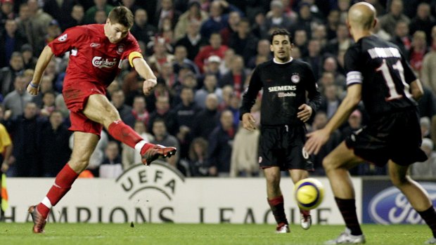 Steven Gerrard scores against Olympiakos Piraeus at Anfield in 2004.