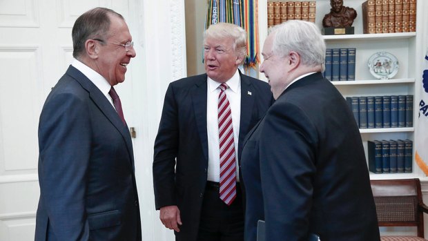 President Donald Trump meets with Russian Foreign Minister Sergey Lavrov, left, next to Russian Ambassador to the US Sergei Kislyak. 
