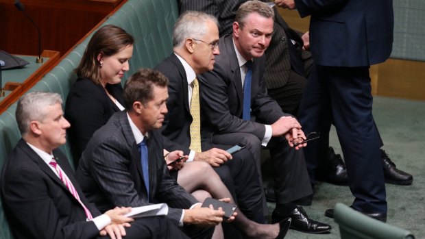 Prime Minister Malcolm Turnbull and Leader of the House Christopher Pyne in Parliament on Thursday night. 