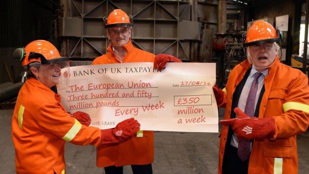 Politicians Boris Johnson,  Gisela Stuart and Douglas Carswell with a mock cheque referring to the costs of EU membership during a tour supporting the Leave campaign.