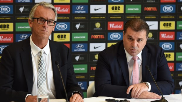 FFA boss David Gallop (left), pictured with Ange Postecoglou, has effectively ended Canberra's chances of getting an A-League team.