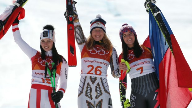 Big three: Austria's Anna Veith, silver, Czech Republic's Ester Ledecka, gold, and Liechtenstein's Tina Weirather, bronze.