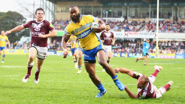 SYDNEY, AUSTRALIA - AUGUST 23:  Semi Radradra of the Eels breaks the tackle of Brett Stewart of the Eagles as he scores a try during the round 24 NRL match between the Manly Warringah Sea Eagles and the Parramatta Eels at Brookvale Oval on August 23, 2015 in Sydney, Australia.  (Photo by Mark Kolbe/Getty Images) semi radradra. Picture: getty Images