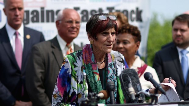 Democratic members of Congress led by Representative Rosa DeLauro of Connecticut hold a news conference to voice their opposition to the Trans-Pacific Partnership trade deal.