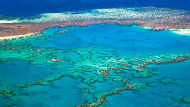 Aerial view of the Great Barrier Reef of the Whitsundays in the Coral sea.