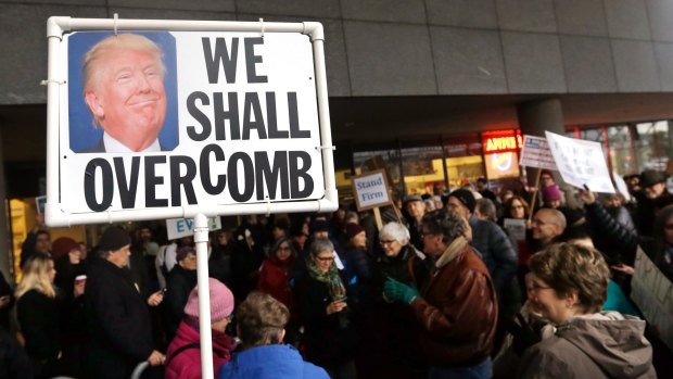 Protesters gather outside the World Trade Centre in Portland, Oregon.