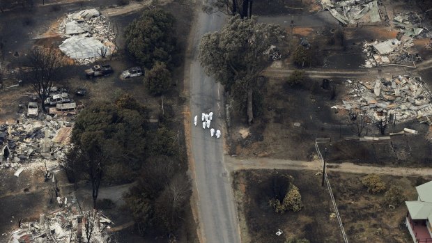 An aerial shot of the devastation in Marysville, two days after Black Saturday.