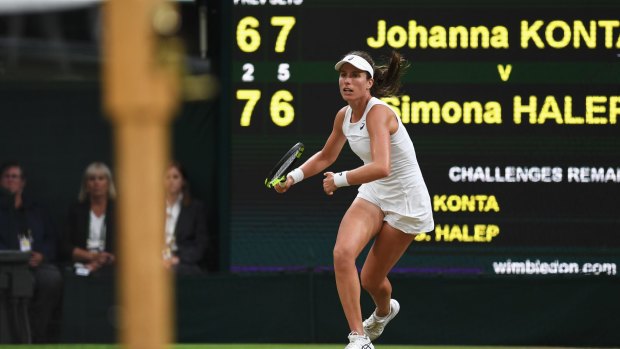 Slug fest: Johanna Konta of Great Britain eliminated tournament favourite Simona Halep.