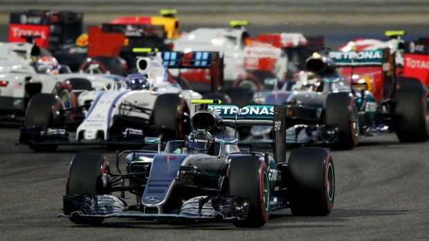 Nico Rosberg leads into the second corner at the Bahrain Grand Prix.