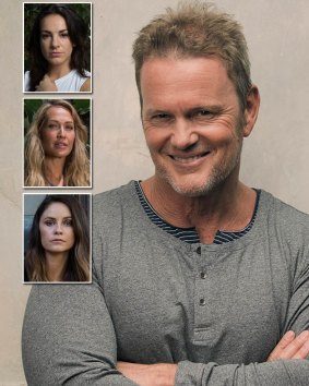 Craig McLachlan, and inset, his alleged victims, from top, Angela Scundi, Erika Heynatz and Christie Whelan Browne.