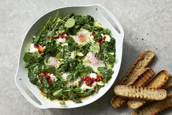 Green eggs and no ham: This spin on shakshuka subs in greens for tomatoes.