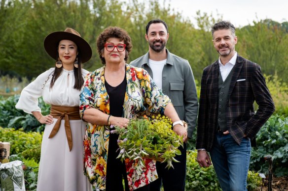 Melissa, food legend Alla Wolf Tasker, Andy and Jock put the contestants through their paces at Dairy Flat Farm in Daylesford. 