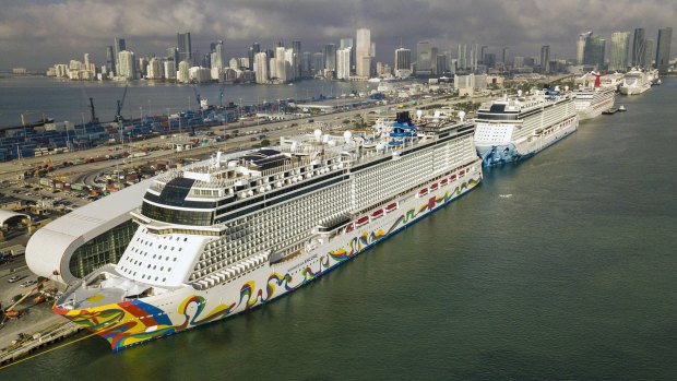 Norwegian Encore and other cruise ships docked at the Port of Miami in March last year.