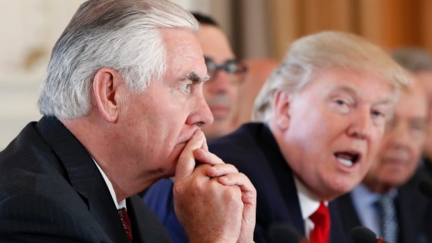 One the same page? US Secretary of State Rex Tillerson, left, in a meeting with President Donald Trump.