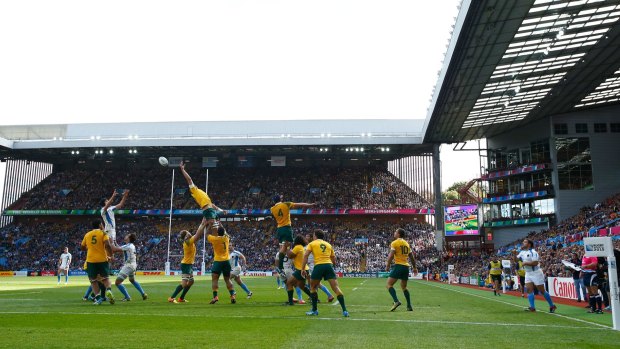 The air up there: A lineout goes awry during the 2015 Rugby World Cup Pool A match between Australia and Uruguay at Villa Park.