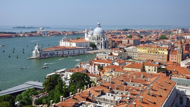 Venice viewed from St. Mark's Campanile on famous Basilica Santa Maria della Salute.