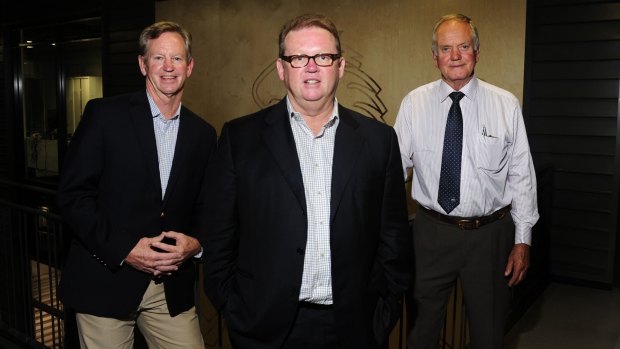 Brumbies chief executive Michael Jones with new president Bob Brown and former president Geoff Larkham.