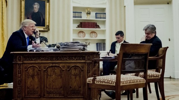 Donald Trump with then-national security adviser Michael Flynn and chief strategist Steve Bannon during a phone call with Australian Prime Minister Malcolm Turnbull in January.