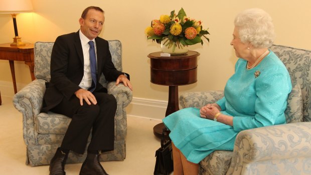 Her Majesty The Queen receives Tony Abbott at Government House in 2011.