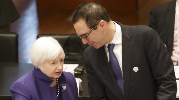 US Federal Reserve chair Janet Yellen with US Treasury Secretary Steven Mnuchin at the G20 Finance Ministers and Central Bank Governors meeting in Germany.