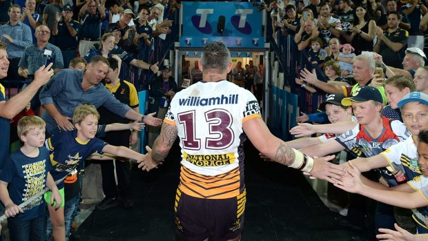 A legend departs: Broncos lock Corey Parker leaves the field after playing his last NRL match.