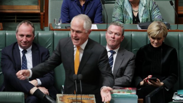 Question time: from left, Barnaby Joyce, Malcolm Turnbull, Christopher Pyne and Julie Bishop in parliament on Tuesday.
