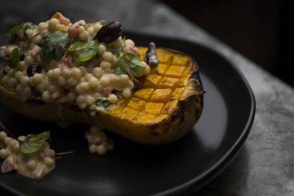 Baby pumpkin stuffed with moghrabieh pearl couscous is one of stronger dishes.