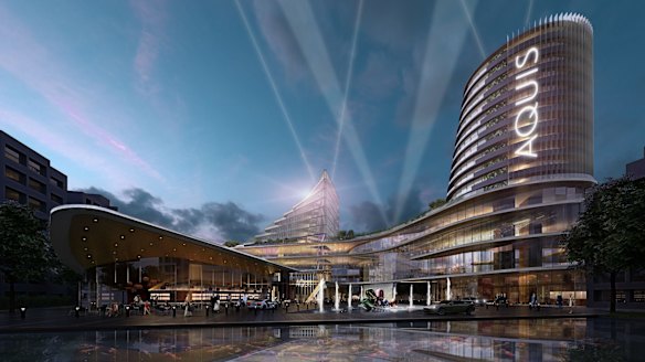 Artist's impression of the Aquis development (view of the rebuilt Casino Canberra standing with back to Glebe Park). 