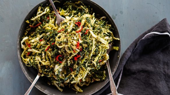 Vegan-friendly cabbage, kale and chilli slaw.
