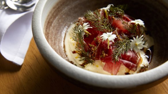 Wagyu bresaola with stracciatella, watermelon and green ants.