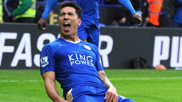 Leicester's Leonardo Ulloa celebrates after scoring against Norwich during the English Premier.