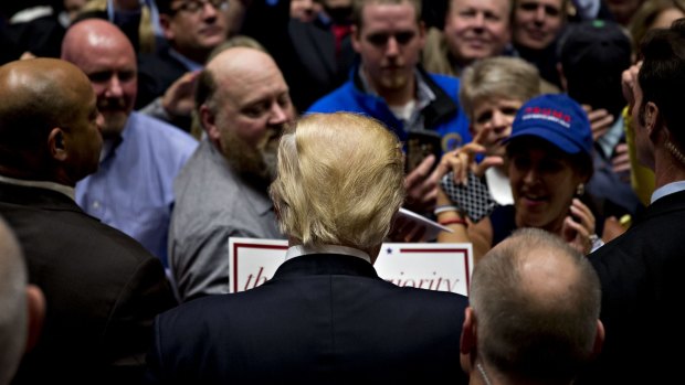 Donald Trump greets attendees during a campaign event at Century Centre in South Bend, Indiana.
