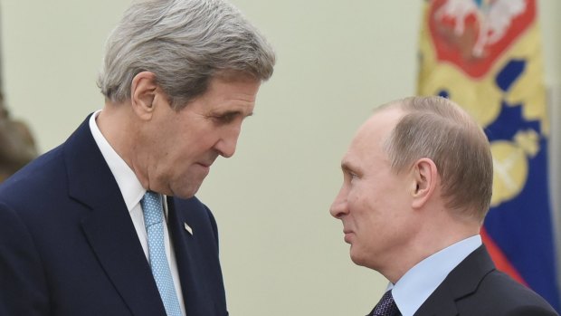 Worries about how willing the US is to accommodate Russia in Syria: US Secretary of State John Kerry, left, speaks with Russia's President Vladimir Putin in Moscow on Tuesday.