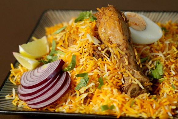 The signature biryani is slow-cooked for 90 minutes (chicken pictured, also available with goat, lamb or as a vegan version).