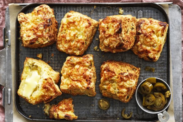 With a little acidity from the yoghurt, a clove of garlic, a handful of cheese and chopped jalapenos, these scones are packed with flavour.