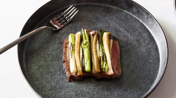 Wagyu MS 9+, smoked eel, spring onions and fermented king mushroom at Kazuki's in Carlton.