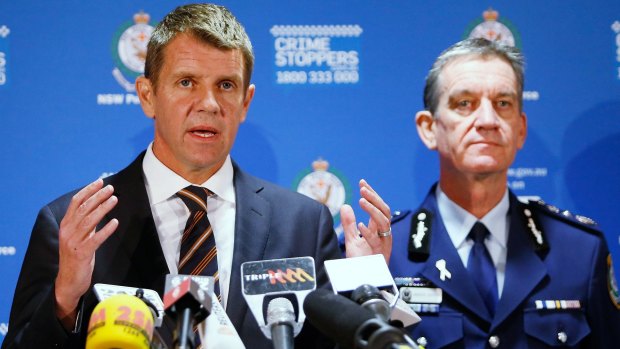 Then premier Mike Baird and NSW police commissioner Andrew Scipione during a press conference about the siege in Martin Place.