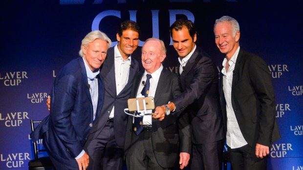 Bjorn Borg, Rafael Nadal, Rod Laver, Roger Federer and John McEnroe pose for a photo during the Laver Cup media announcement.