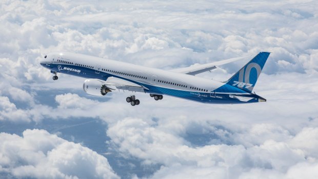 The Boeing Dreamliner 787-10 during its first flight.