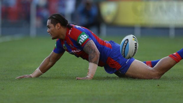 Joey Leilua scores a try for Newcastle against Canberra just weeks ago. Now he'll play in green.