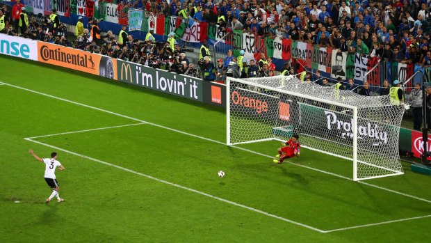 The moment: Jonas Hector scores at the penalty shootout to win the game during Euro 2016 quarter-final between Germany and Italy at Stade Matmut Atlantique in Bordeaux.