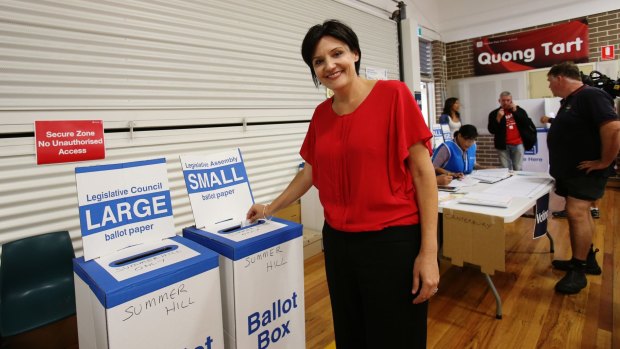 Jodi McKay, Labor's Strathfield  candidate in the NSW state election, voted at Croydon Park public school. 