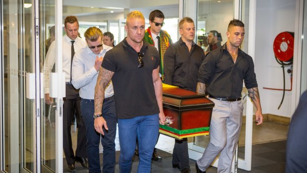 Mourners carry Reece's coffin at his funeral at the Dream Centre Christian Church on the Gold Coast on August 1.