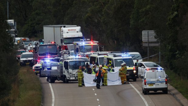 Emergency services at the scene of a fatal accident on the M1 Motorway at Cameron Park, Newcastle on Sunday.