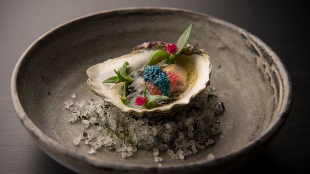 Salty-sweet: Angasi oyster with finger lime and scampi caviar.