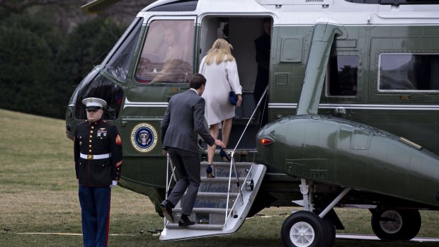 Ivanka Trump, the daughter of US President Donald Trump, and her husband Jared Kushner, a senior White House adviser, board Marine One with Mr Trump and Japanese Prime Minister Shinzo Abe.