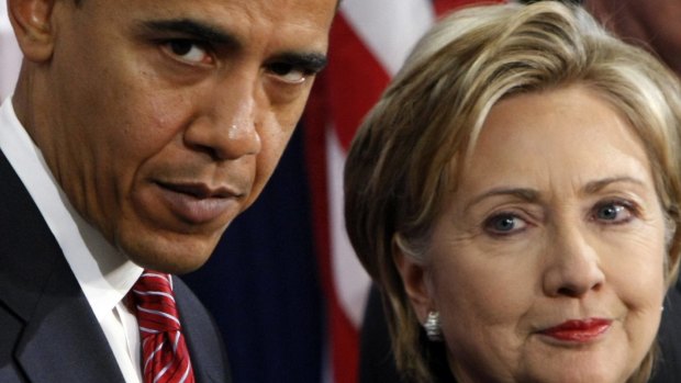 Then-President-elect Barack Obama, left, stands with then-Senator Hillary Rodham Clinton in 2008.