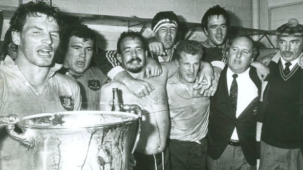 Trip down memory lane: Simon Poidevin, Tom Lawton, Enrique Rodriguez, Ross Reynolds, Michael Lynagh, Steve Cutler and coaches Alan Jones and Alec Evans celebrate their Eden Park victory in 1986.
