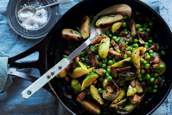 Brussels sprouts with bacon, peas and mint makes a meal almost all of itself. 