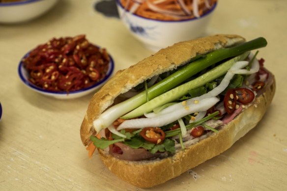 Pork banh mi roll served at Banh Mi Bay Ngo in Bankstown.